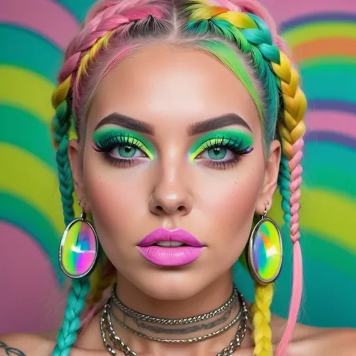 Prompt: Pastel graffiti gangster character green eyes revealing extra large cleavage with rainbow pastel microbraided hair and full lips designer bold unique loud makeup artists bold adornment creative stylish neon  boxy charm makeup