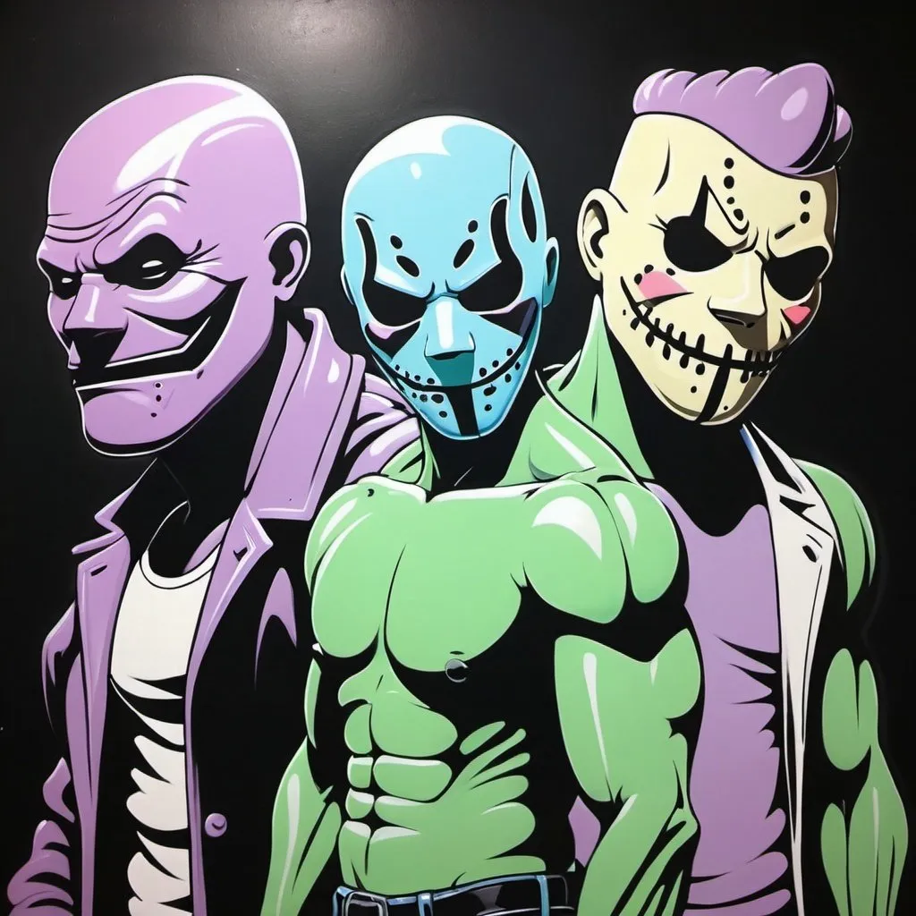 Prompt: Charachters Pastel purple white and pastel green pastel blue graffiti charachters on a black wall backround freddy crugar and jason muscular gangsters pastel colored 