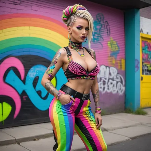 Prompt: Futuristic cyberpunk full body with green eyes blonde microbraided rainbow updo revelealing extra large cleavage wearing a matching 2 piece outfit matching with 2 graffiti high heels  with rainbow grafitti neon pink yellow black neon rainbow 