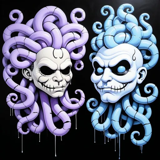 Prompt: Charachters Pastel purple white and pastel blue pastel blue graffiti medusa charachters on a black wall backround freddy crugar and jason muscular gangsters pastel colored  graffiti art by sedusa adornment