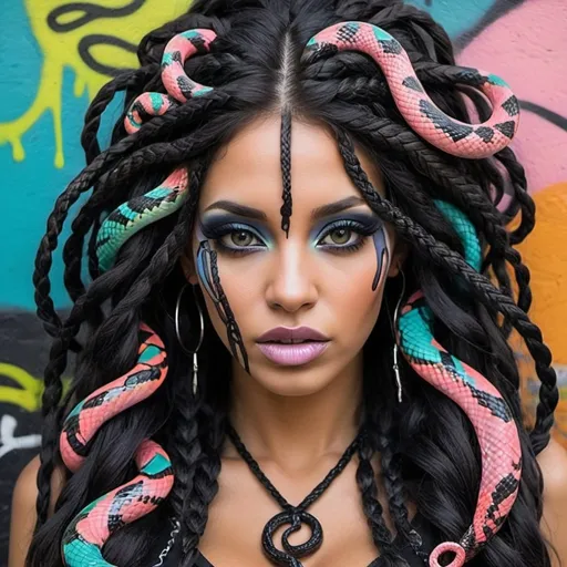 Prompt: Color black and multi pastel  print page Graffiti art face microbraided snake long medusa hair charachter revealing cleavage graffiti art face make up print sedusa adornment