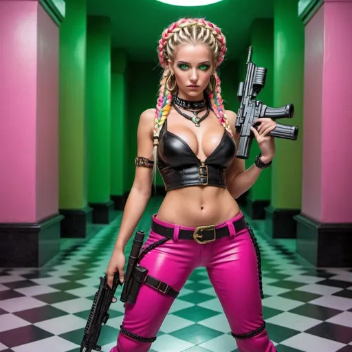 Prompt: Blonde female green eyes revealing larger cleavage rainbow microbraided hair hotpink leather outfit black tribal statues vercace medusa design checkered tiled floor carrying a assault rifle 