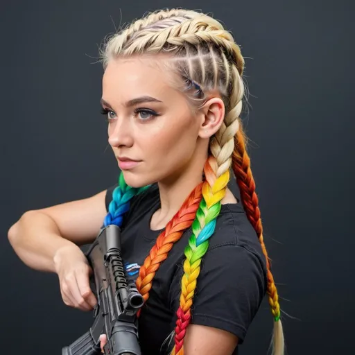 Prompt: A blonde female rainbow microbraided hair with an assault rifle 