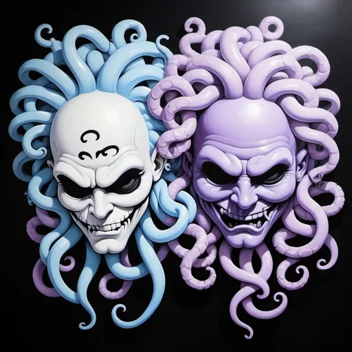 Prompt: Charachters Pastel purple white and pastel blue pastel blue graffiti medusa charachter on a black wall backround freddy crugar and jason muscular gangster pastel colored  graffiti art by sedusa adornment