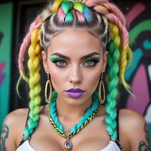 Prompt: Pastel graffiti gangster character green eyes revealing extra large cleavage with rainbow pastel microbraided hair and full lips designer bold unique loud makeup artists bold adornment creative stylish vercace outfit