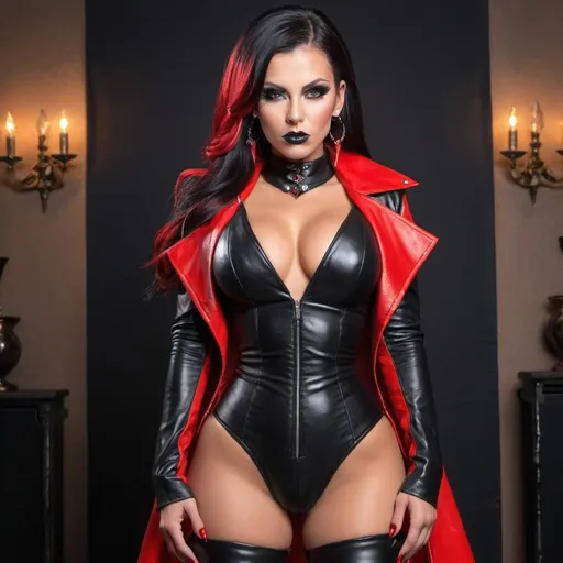 Prompt:  female long custom original hair do black and red leather outfit 2 piece revealing extra large cleavage designer makeup devilish