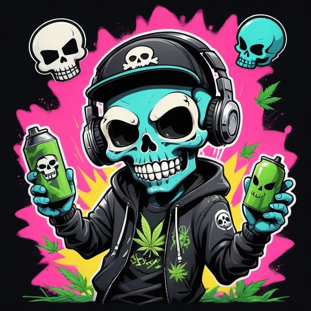 Prompt: Cartoon Graffitti character cyber punk gangster happy weed candy skull hip hop dj charachter spray bomb pastel