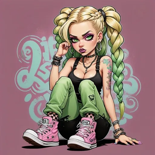 Prompt: Pastel A thug ghetto blonde cartoon characture multicolored pastel  microbraided hair female with green eyes revealing cleavage graffiti outfit and shoes gothic punk steam punk pastel pink print
