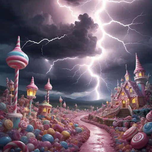 Prompt: A majical crytalique finness of dreams and nightmares in a majestic candy land of love and hate storm for lightning 