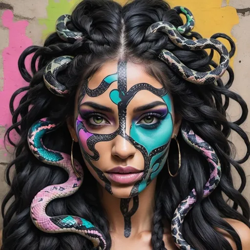 Prompt: Art portrait Color black and multi pastel  print page Graffiti art face microbraided snake long medusa hair charachter revealing cleavage graffiti art face make up print sedusa adornment