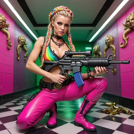 Prompt: Blonde female green eyes revealing larger cleavage rainbow microbraided hair hotpink leather outfit black tribal statues vercace medusa design checkered tiled floor shooting an assault rifle gun bullets and shells flying and landing
