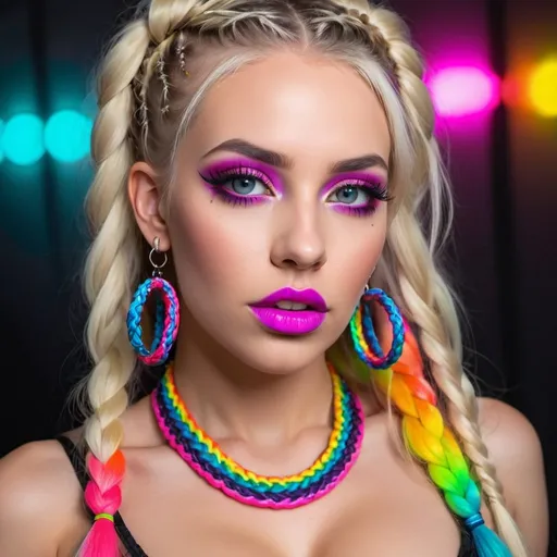 Prompt:  blonde candy girl with rainbow micro braided long hair revealing extra large cleavage full lips loud makeup neon splat wearing exotic playmate gothic entity exoric pet neon hoop earrings and big attitude