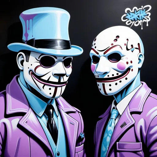 Prompt: Charachters Pastel purple white and pastel blue pastel blue graffiti charachters on a black wall backround freddy crugar and jason muscular gangsters pastel colored  graffiti art by sedusa adornment