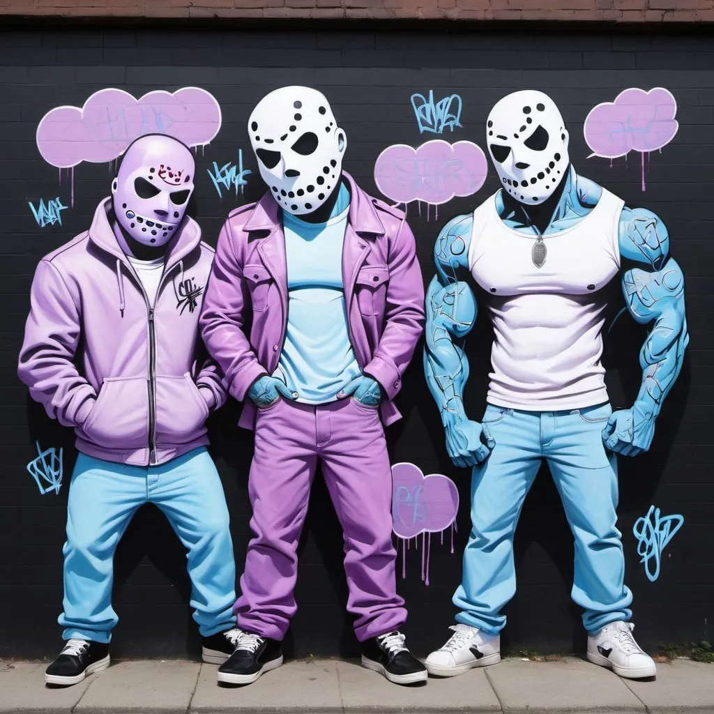 Prompt: Charachters Pastel purple white and pastel blue pastel blue graffiti charachters on a black wall backround freddy crugar and jason muscular gangsters pastel colored 