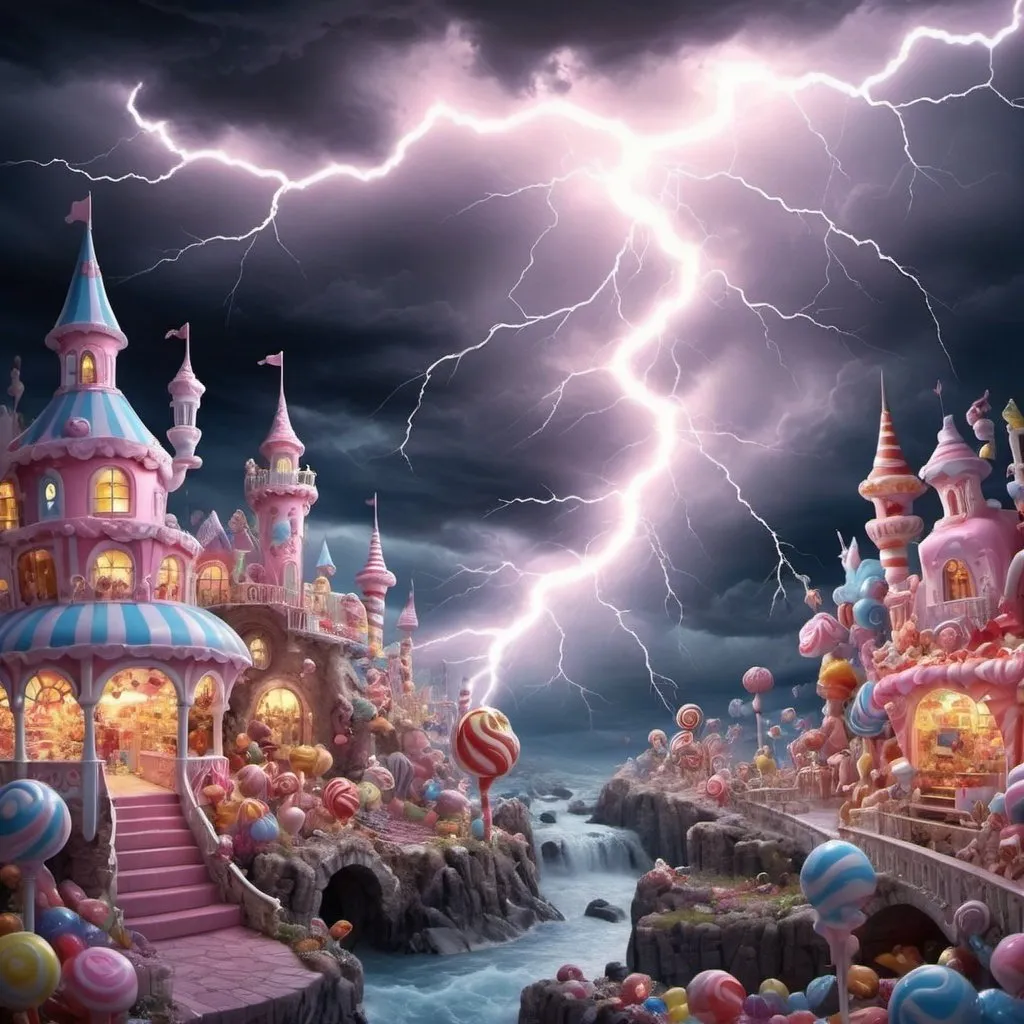 Prompt: A majical crytalique finness of dreams and nightmares in a majestic candy land of love and hate storm for lightning 