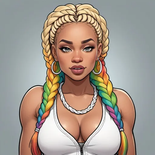 Prompt: Cartoon chsracter Blonde  caucasian rainbow microbraided female revealing largrr cleavage from the ghetto hood