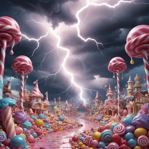 Prompt: A majical crytalique finness of dreams and nightmares in a majestic candy land of love and hate storm for lightning 