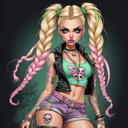 Prompt: Pastel A thug ghetto blonde cartoon characture multicolored pastel  microbraided hair female with green eyes revealing cleavage graffiti outfit and shoes gothic punk steam punk pastel pink print
