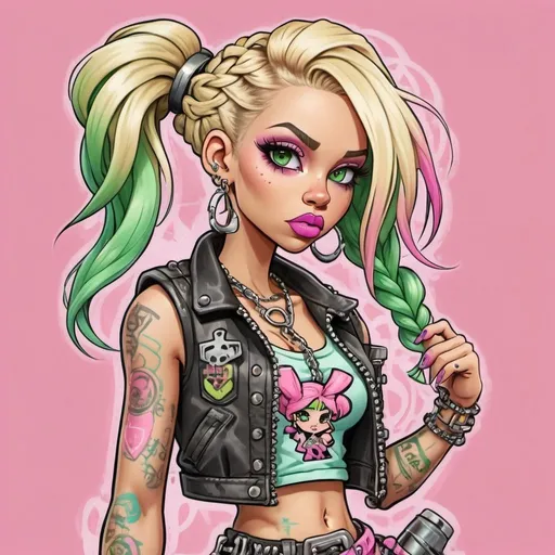 Prompt: Pastel A thug ghetto blonde cartoon characture multicolored pastel  microbraided hair female with green eyes revealing cleavage graffiti outfit and shoes pink lipstick punk steam punk pastel pink
