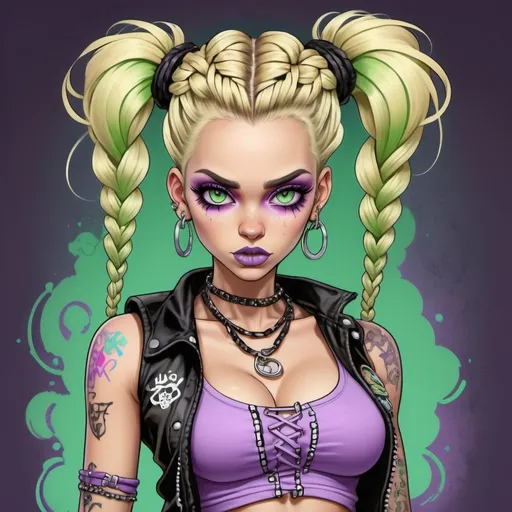 Prompt: Pastel A thug ghetto blonde cartoon characture multicolored pastel  microbraided hair female with green eyes revealing cleavage graffiti outfit and shoes gothic punk steam punk pastel  purple print
