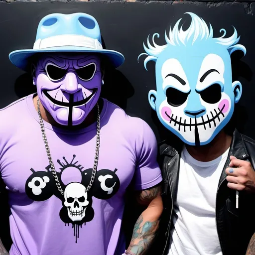 Prompt: Charachters Pastel purple white and pastel blue pastel blue graffiti charachters on a black wall backround freddy crugar and jason muscular gangsters pastel colored  graffiti art by sedusa adornment