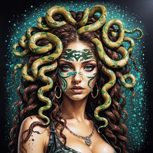 Prompt: Glitter Graffiti art face medusa microbraided snake long medusa hair charachter revealing cleavage graffiti art face make up Clothing print sedusa adornment