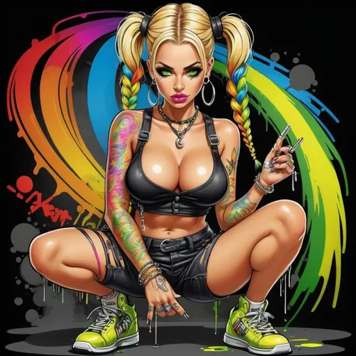 Prompt: gangster cartoon characture blonde exotic revealing  rainbow multicolored microbraided hair female with green eyes revealing extra large cleavage exotic adult spraypaint can and neon yellow  multicolored graffiti outfit and shoes gothic punk steam punk emo exotic classy gangster stylish original graffiti tech touch graffitti black backround exotic adult
