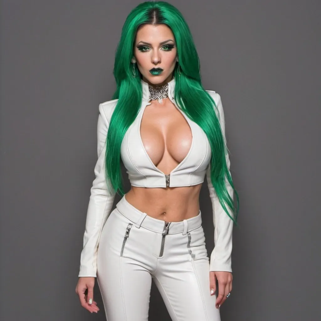 Prompt:  female long custom original hair do white  leather outfit 2 piece revealing extra large cleavage green eyes designer makeup devilish