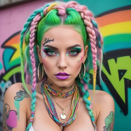 Prompt: Pastel graffiti gangster character green eyes revealing extra large cleavage with rainbow pastel microbraided hair and full lips designer bold unique loud makeup artists bold adornment creative stylish neon graffiti art makeup 