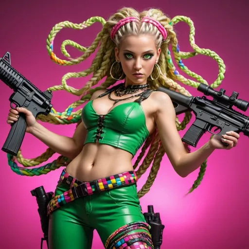 Prompt: Blonde female green eyes revealing larger cleavage rainbow microbraided hair hotpink leather outfit black tribal statues vercace medusa design checkered tiled floor shooting an assault rifle bullets and shells flying and landing