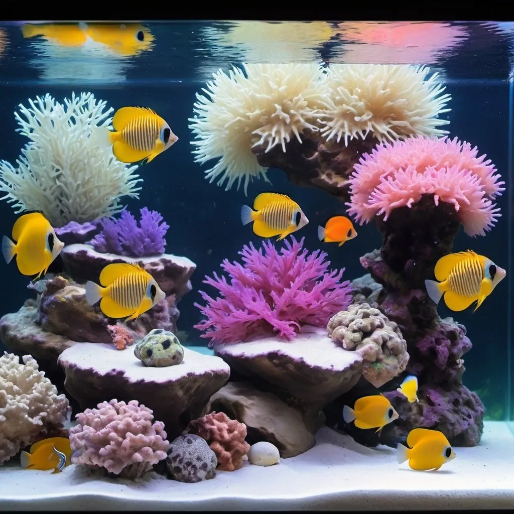 Prompt: A salt water  fish tank with colorful fish also puffer fish