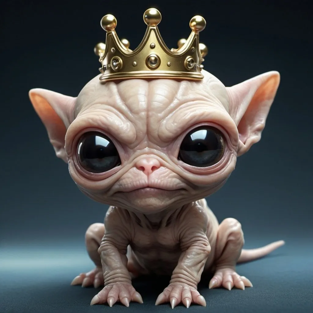 Prompt: A fr8endly funny looking ectraterestrial being wrinkly cute small alien pet i can own wearing a crown