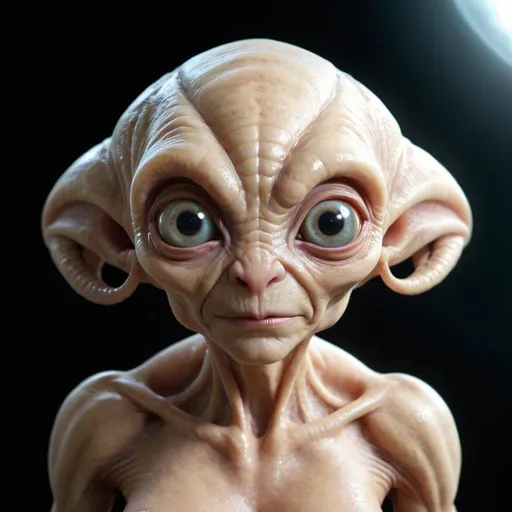 Prompt: A fr8endly funny looking ectraterestrial being wrinkly cute small alien pet i can own a blonde extra large cleavage female sedusa adornment 