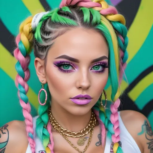 Prompt: Pastel graffiti gangster character green eyes revealing extra large cleavage with rainbow pastel microbraided hair and full lips designer bold unique loud makeup artists bold adornment creative stylish vercace outfit