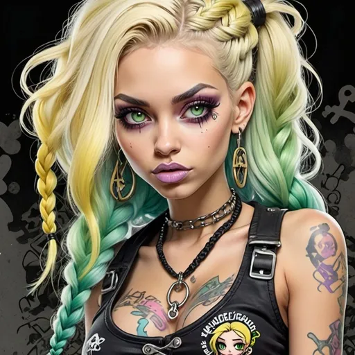 Prompt: Pastel A thug ghetto blonde cartoon characture multicolored pastel  microbraided hair female with green eyes revealing cleavage graffiti outfit and shoes gothic punk steam punk pastel yellow print
