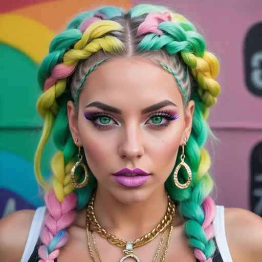 Prompt: Pastel graffiti gangster character green eyes revealing extra large cleavage with rainbow pastel microbraided hair and full lips designer bold unique loud makeup artists bold adornment creative stylish vercace outfit