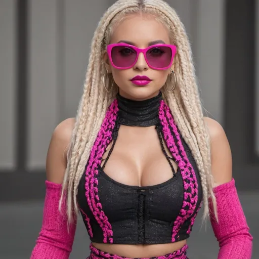 Prompt: Cyber punk blonde female with hot pink and black beaded microbraided hair revealing large cleavage and wearing hot pink black and white vercace outfit and matching high heels and sunglasses