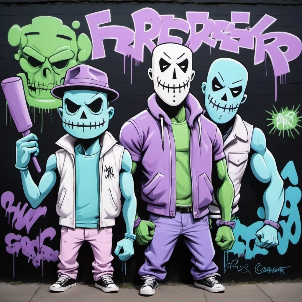 Prompt: Pastel purple white and pastel green pastel blue graffiti charachters on a black wall backround freddy crugar and jason muscular gangsters pastel colored 