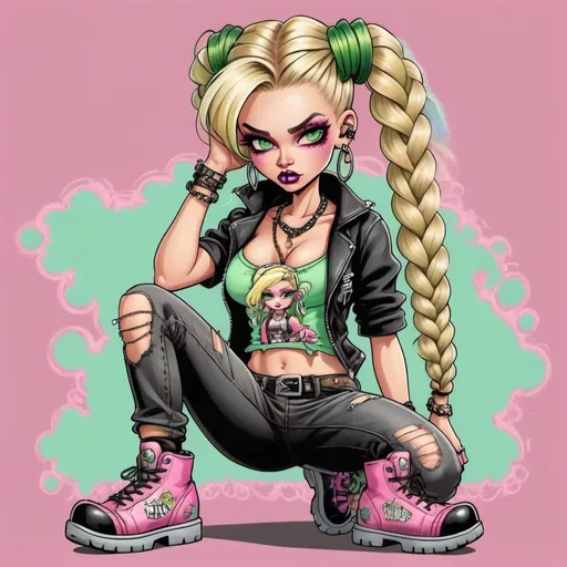 Prompt: Pastel A thug ghetto blonde cartoon characture multicolored pastel  microbraided hair female with green eyes revealing cleavage graffiti outfit and shoes gothic punk steam punk pastel pink print
