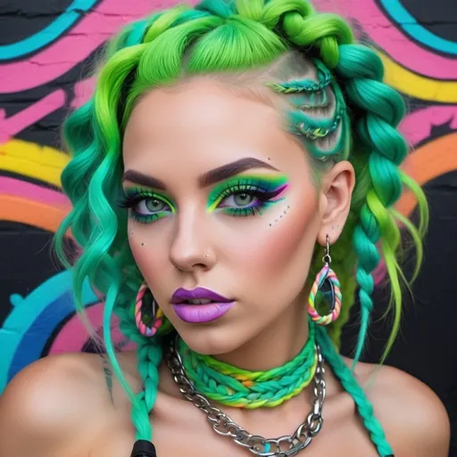 Prompt: Pastel graffiti gangster character green eyes revealing extra large cleavage with rainbow pastel microbraided hair and full lips designer bold unique loud makeup artists bold adornment creative stylish neon graffiti art makeup 