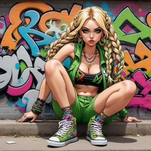 Prompt: cartoon charachture graffitti art blonde multicolored microbraided hair female with green eyes revealing extra large cleavage and tight multicolored graffiti outfit and shoes emo