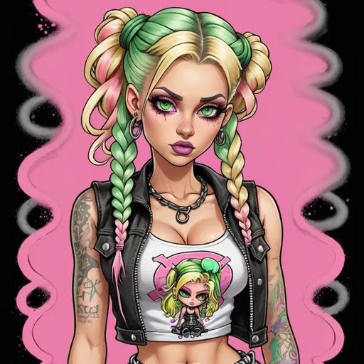 Prompt: Pastel A thug ghetto blonde cartoon characture multicolored pastel  microbraided hair female with green eyes revealing cleavage graffiti outfit and shoes gothic punk steam punk pastel pink print
