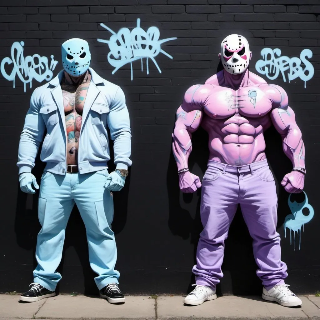 Prompt: Charachters Pastel purple white and pastel blue pastel blue graffiti charachters on a black wall backround freddy crugar and jason muscular gangsters pastel colored 