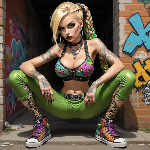 Prompt: cartoon charachture graffitti art blonde multicolored microbraided hair female with green eyes revealing extra large cleavage and tight multicolored graffiti outfit and shoes multicolored gothic punk steam punk emo exotic classy pose 
