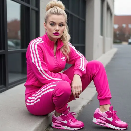 Prompt: Long blonde hair in a updo messy bun wearing adidas track suit clack and hot pink with air max 90s that match revealing extra large cleavage and full lips 