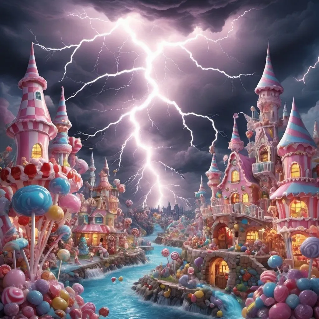 Prompt: A majical crytalique finness of dreams and nightmares in a majestic candy land of love and hate storm for lightning 