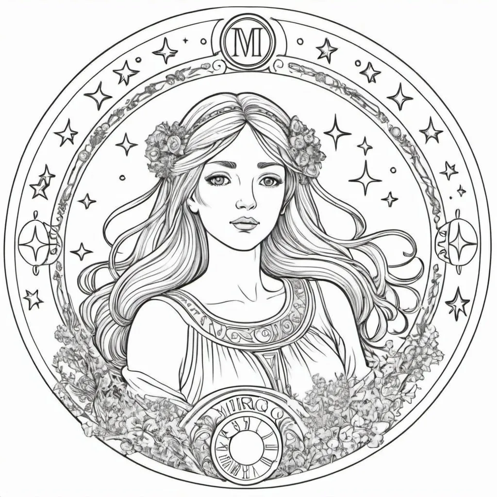 Prompt: Coloring page horoscope virgo