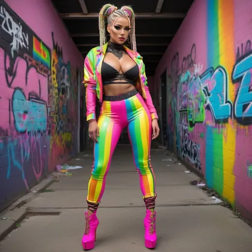 Prompt: Futuristic cyberpunk full body with green eyes blonde microbraided rainbow updo revelealing extra large cleavage wearing a matching 2 piece outfit matching with 2 graffiti high heels  with rainbow grafitti neon pink yellow black neon rainbow 