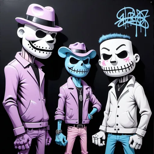 Prompt: Charachters Pastel purple white and pastel blue pastel blue graffiti charachters on a black wall backround freddy crugar and jason muscular gangsters pastel colored  graffiti art by sedusa adornment