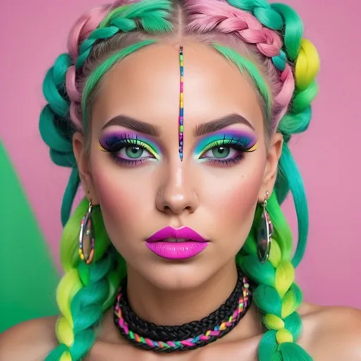 Prompt: Pastel graffiti gangster character green eyes revealing extra large cleavage with rainbow pastel microbraided hair and full lips designer bold unique loud makeup artists bold adornment creative stylish neon exotic makeup